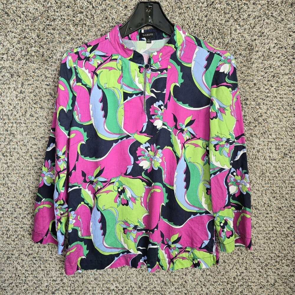 Talbots Top Womens 4 Purple Keyhole Neck Printed Tencel Lyocell Casual Ladies